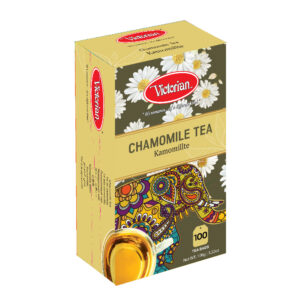 Box of Victorian Chamomile Tea with white daisies and a colorful elephant design, 100 tea bags remain intact inside.
