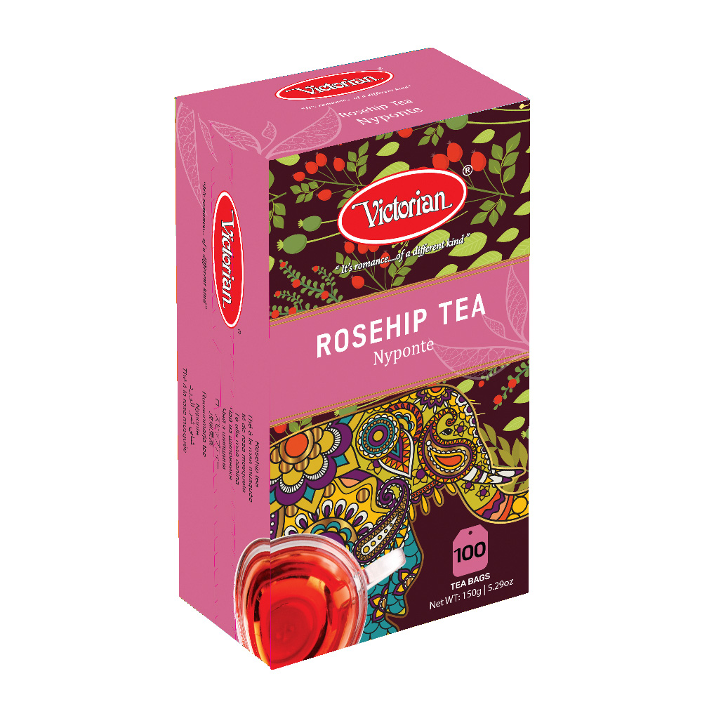 Box of Victorian Rosehip Tea Nyponte with pink floral packaging and a cup of red tea